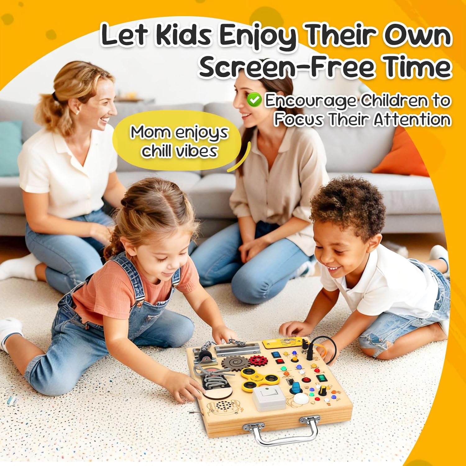 Wooden Busy Board with LED Light–Montessori Baby Learning Toys for Toddlers 1-4, Sensory Activity Board, Travel Toys & Educational Birthday / Christmas Music Gifts for 1+ Year Old Boy (Silver Handle)