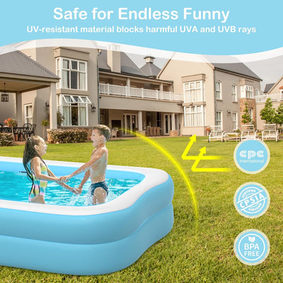 Sumbee Inflatable Swimming Kiddie Pool for Adults Kids Ages 4-8-12, Size 79" x 59" x 20" Rectangle Blow Up Family Pool for Children Backyard Outdoor Garden Summer Water Party Full-Sized Light Blue