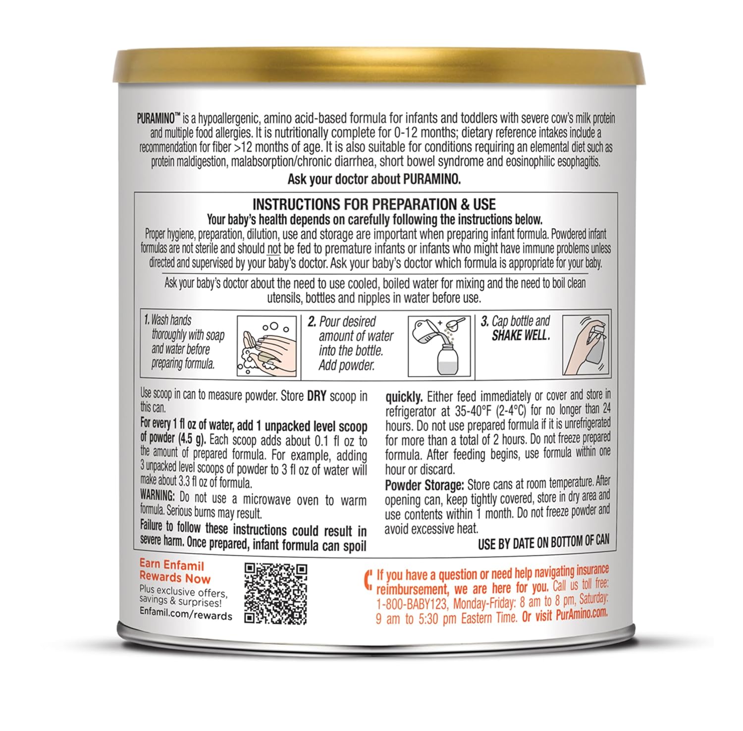 PurAmino Hypoallergenic Infant Drink, for Severe Food Allergies, Omega-3 DHA, Iron, Immune Support, Powder Can, 14.1 Oz (4 Count)