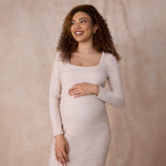 Motherhood Maternity Women's Long Sleeve Ribbed Square Neck Bodycon Casual Pregnancy Dress, Oatmeal, Large