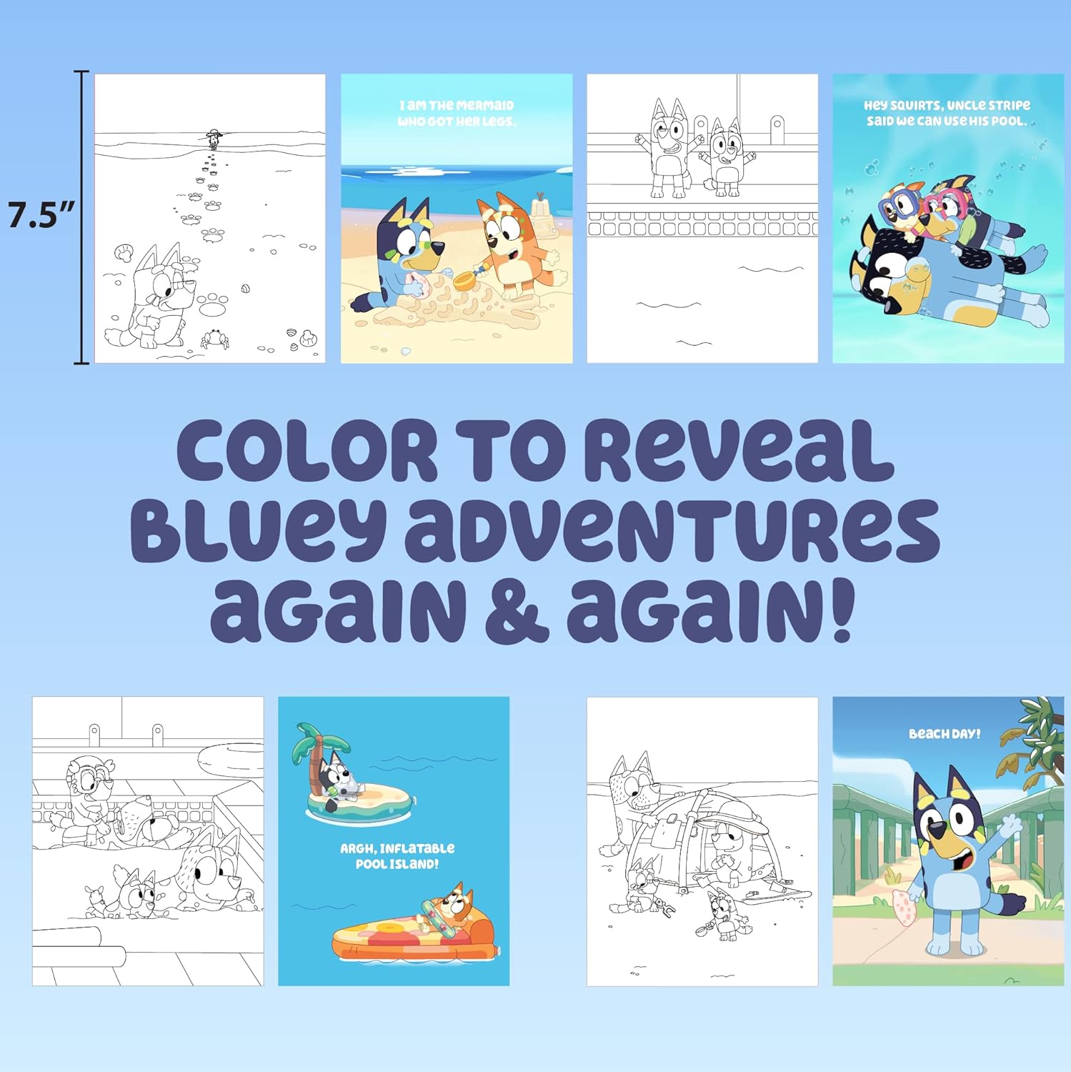 Horizon Group USA Bluey Aqua Art - Reusable Water Reveal Activity Pages With Water Pen for No-Mess Drawing and Coloring