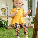 Kucnuzki 2T-3T Girls Clothes Toddler Outfit Cute Short Sleeve Yellow Ruffle Tops Shirt Floral Pants Set for 2-3 Years Old Soft Little Girl Outfit