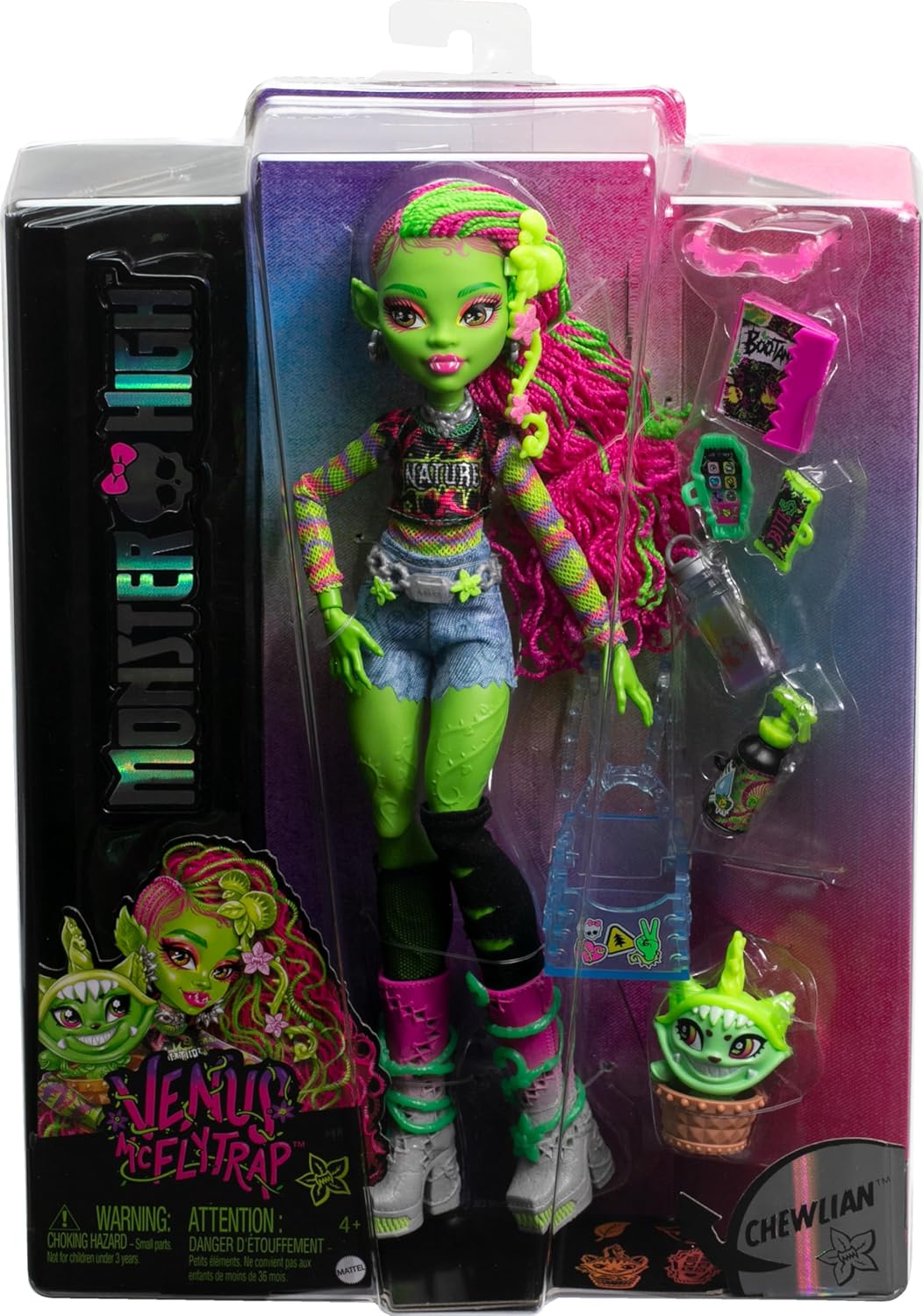 Monster High Venus McFlytrap Doll, Plant Monster with Pet Cat Chewlian & Accessories Like Backpack, Notebook, Snacks & More