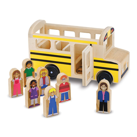 Wooden school bus and student figures on a white background