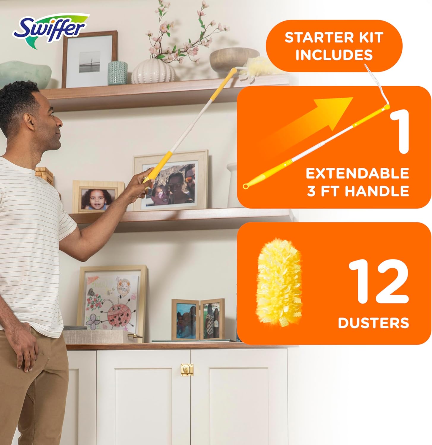 Swiffer Duster Heavy Duty Dusting Kit, Cleaning Supplies, 3 ft Extended Handle, 1 Duster, 12 Refills