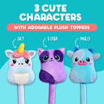 BUNMO Plush Cute Pens 3-Pack – Squishy Animal Pens w/Scented Glitter Ink Refills – Cat, Cow, Unicorn – Fun Writing, Doodling & Journaling for Kids & Teens