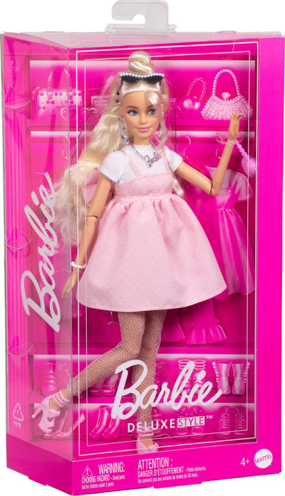 Barbie Deluxe Style Doll #3 in Barbiecore Outfit, Blond Hair in Top Knot, Pink Pastel Dress with Oversized Bow and Accessories Like Mesh Tights