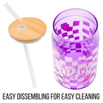 Silver Buffalo Bratz Logo Retro Groovy Purple Checkered Glass Jar Tumbler with Bamboo Lid and Glass Straw, 16 Ounces
