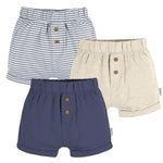 Gerber Baby Unisex 3-Pack Pull-On Knit Short, Navy/Oatmeal/Stripe, 3-6 Months