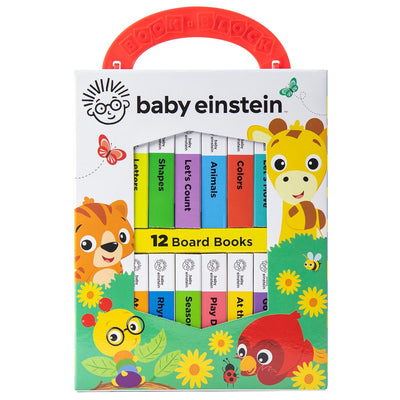 Baby Einstein 12-board book set packaging with colorful illustrations and text.