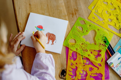 Chuckle & Roar Art Stencils for Kids – 20 Pages of Colorful Stencils with Letters, Numbers, Shapes, Animals & More, Includes 10 Colored Pencils + 50-Page Notepad, Creative Drawing Set for Ages 3+