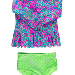 RuffleButts Baby/Toddler Girls Scalloped Long Sleeve Rash Guard 2-Piece UPF50+ Sun Protected Swimsuit - Neon Paisley Pop, 2T
