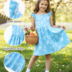 PATPAT Girls Summer Dress Set – Blue Tropical Leaf, Stripe Dress & Pink Ruffle Sundress, Soft Cotton for Daycare, Park & Travel, 4–5 Years