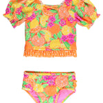 RuffleButts Baby/Toddler Girls UPF50+ Puff Sleeve Ruffle Tankini 2-Piece Swimsuit - Neon Squeeze The Day, 2T