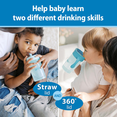 Dr. Brown's Milestones Straw to 360 Convertible Toddler Training Cup Set, 10 oz/300 mL, Interchangeable Silicone Straw and 360 Lids, Blue Ocean, BPA-Free, 9m+, 1-Pack