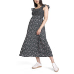 Motherhood Maternity Women's Sleeveless Ruffle Shoulder Smocked Maxi Pregnancy Dress, Black Ditsy Floral, Large