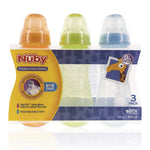 Nuby baby bottles packaging with three bottles in different colors on a white background