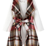 PATPAT Girls Fall Dress Set – Long Sleeve Knit Dress with Red Plaid Shacket – Kindergarten Outfit for Holiday Photos, 5–6 Years
