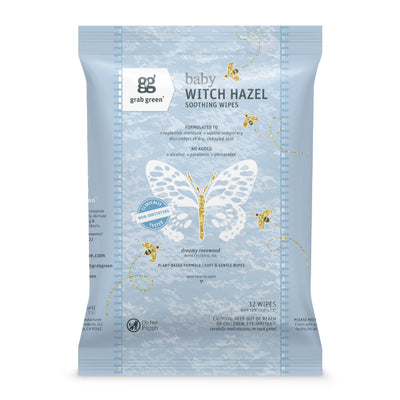 Pack of baby witch hazel soothing wipes with butterfly design on a light blue background
