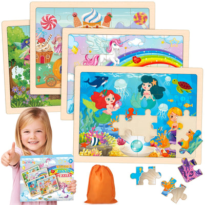 Princess Unicorn Mermaid Fairy Puzzles for Kids Ages 4-6, 4 Packs Wooden Jigsaw Puzzles for Toddlers Girls 2-4, Preschool Educational Puzzles Boards Toys Gifts for Girls Boys 3 4 5 6