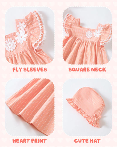 Kucnuzki Baby Girl Clothes 3 6 Month Girl Clothes Summer Pink Baby Dress Ruffle Fly Sleeve Square Neck A Line Casual Sundress Infant Dress Cute Outfit with Hat