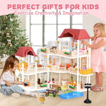 Doll House for Girls Toddler Toys with 4 Doll Toy Figure, Pool Slide, Elevator, Furniture, Pretend Play Dream Dollhouse Playset with Lights Gifts for Kids Girls Age 3 4 5 6-12 Year Old