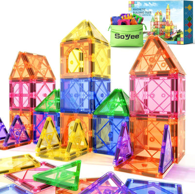 Colorful magnetic building tiles with a Soyee bag in the background