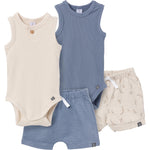 Modern Moments by Gerber Baby Boys' Ribbed 4-Piece Sleevless Bodysuit & French Terry Short Set, Tan/Blue, 0-3 Months