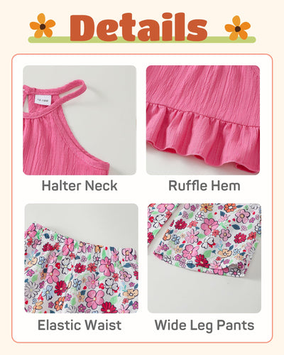Toddler Clothes 2t 3t Girl Summer Clothes Kids Cute Red Halter Crop Ruffle Tops High Waist Long Flower Pants Toddler Girl Summer Outfits Clothing Set