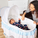 Dream On Me Lacy Portable 2-in-1 Bassinet & Cradle with Full Canopy, Storage Basket, Locking Wheels, Lightweight Frame, JPMA & BSA Certified, Includes 1” Mattress Pad -Blue and White