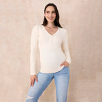 Motherhood Maternity Women's Long Sleeve V-Neck Side Ruched Henley Pregnancy Tee Shirt, Whitecap Grey, X-Large