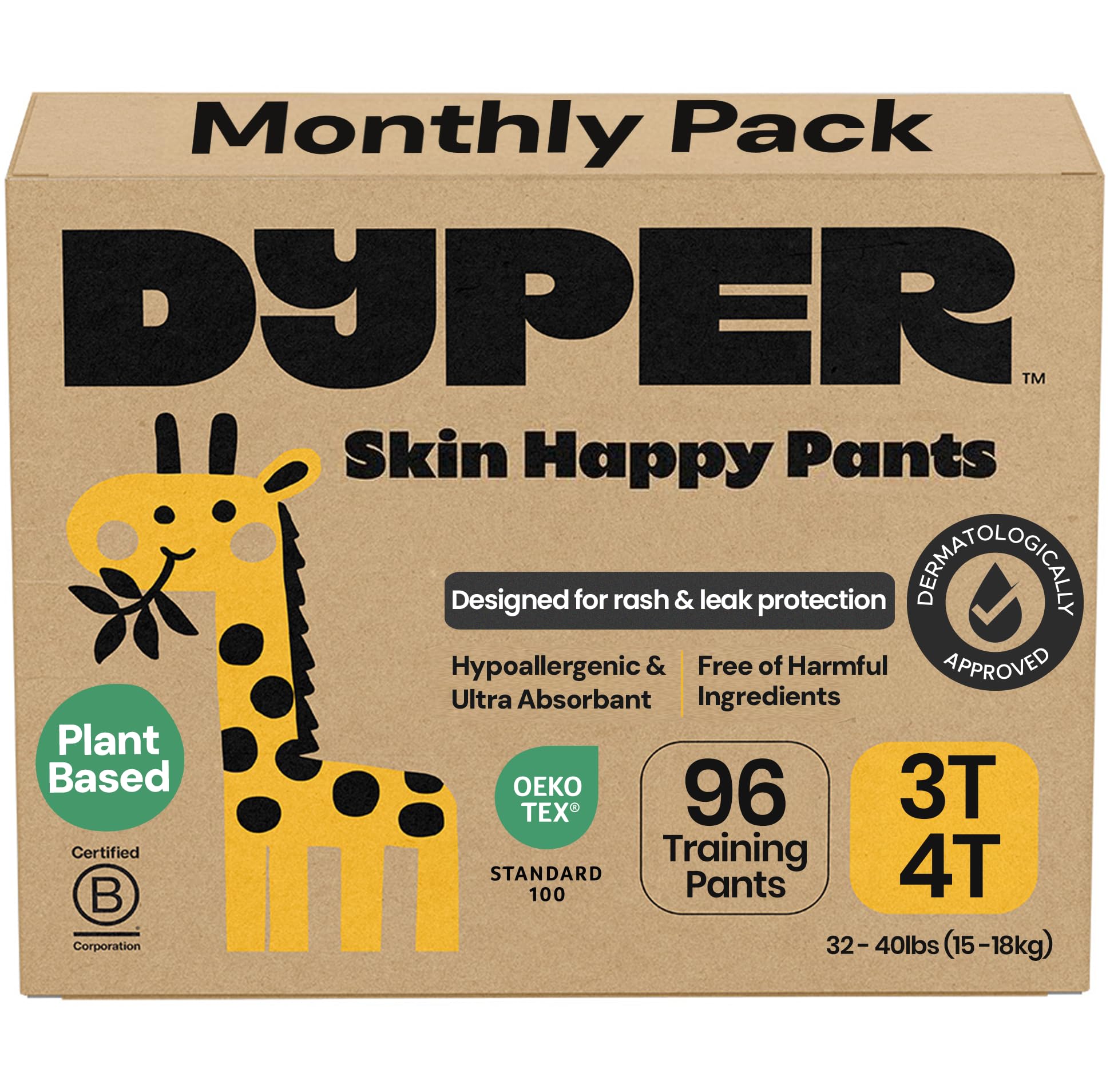 DYPER Toddler Training Pants 3T-4T for Boys & Girls Hypoallergenic, Unscented, Plant-Based & Perfect for Sensitive Skin, Leakproof Potty Training Pants for Day & Overnight Protection