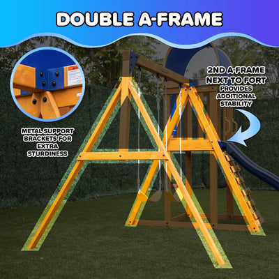 Sportspower Amelia Heavy Duty Wooden A-Frame Swing Set: Saucer + Adjustable Swing, 6ft Blow Molded Slide, Play Fort/Rock Climb Wall + Sandbox, EXCEEDS ASTM Safety Standards*Bonus Anchor Kit*