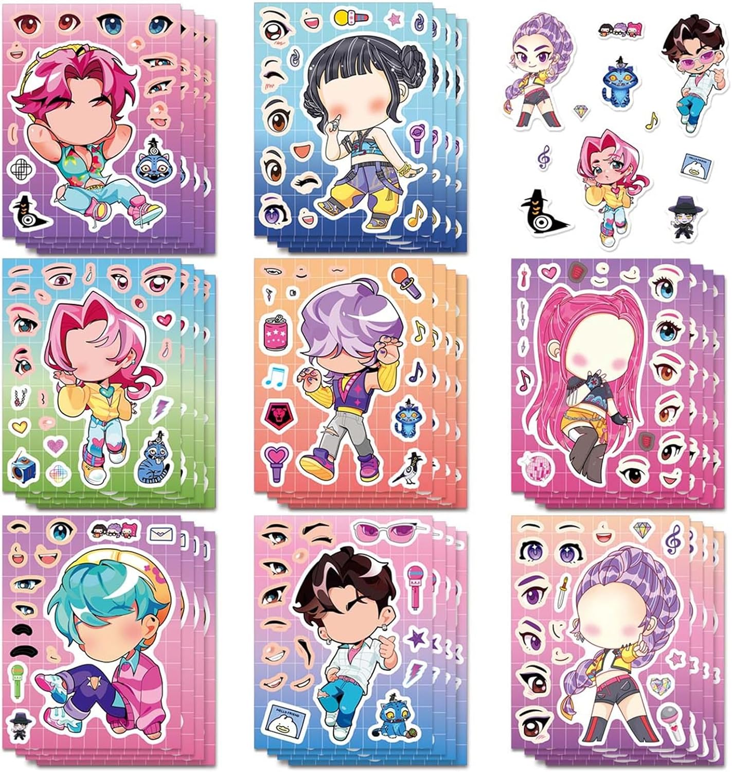 24 Sheets 5.8”x4.4” DIY Make a Face Demon Movie Hunters Stickers for Teens, Make Your Own Mixed & Matched with 8 Designed Characters Sticker for Birthday Party Supplies Favors (K24)