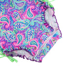 RuffleButts Baby Girls UPF 50+ Sun Protection Novelty Print Long Sleeve One Piece Rash Guard Swimsuit with Zipper - Neon Paisley Pop, 2T