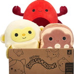 Three plush toys in front of their packaging box labeled 'Original Squishmallows'.