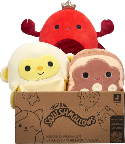 Three plush toys in front of their packaging box labeled 'Original Squishmallows'.