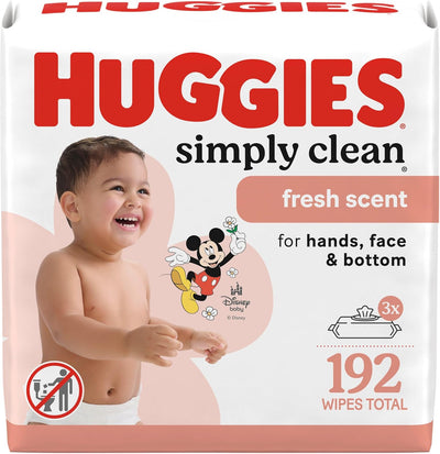 Huggies Simply Clean wipes packaging with a child and Mickey Mouse illustration.