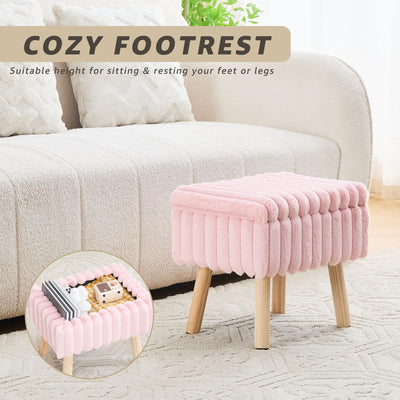Wimarsbon Storage Ottoman,Soft Faux Fur Footstool with Padded Seat, Small Reading Vanity Chair, Footrest with Wood Tray for Couch, Mini Coffee Table or Display Stand (Pink)