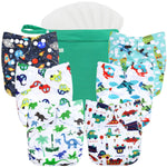 Set of colorful baby diapers with various patterns on a green background