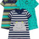 Simple Joys by Carter's Baby 3-pack Rompers, Blue Stripe/Turquoise Dino/Grey Navy, 3-6 months