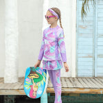 Girls Rash Guard Swimsuits Bathing Suit Long Sleeve Swimsuit Swimming Pants with Skirt Purple Mermaid 9-10 Years
