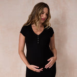 Motherhood Maternity Women's Short Sleeve V-Neck Henley Rib Knit Bodycon Maxi Pregnancy Dress, Black, Small