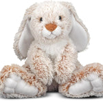 Plush bunny toy with beige and white fur on a white background