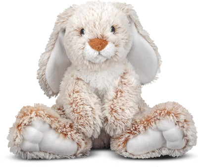 Plush bunny toy with beige and white fur on a white background