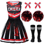 Spooktacular Creations Halloween Cheerleader Costume for Girls, Kids Zombie Cheerleader Outfit, Dead Fearleader Dress for Halloween Scary Costume Role Play Parties, Red Black, M