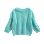 Pivanzore Baby Girl Boy Toddler Knit Sweater Cute Round Neck Long Sleeve Blouse Pullover Oversized Sweatshirt Warm Kids Tops Cyan