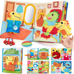 Children's book with dinosaur characters and a toy car, accompanied by small cards and a plush toy.