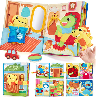 Children's book with dinosaur characters and a toy car, accompanied by small cards and a plush toy.