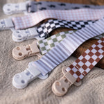 Baby Pacifier Clip Holder - Girl or Boy Unisex 4 Pack Gift Set – Neutral Modern Checker Stripes Gingham Plaid Herringbone Chevron Blue Green Gray Beige